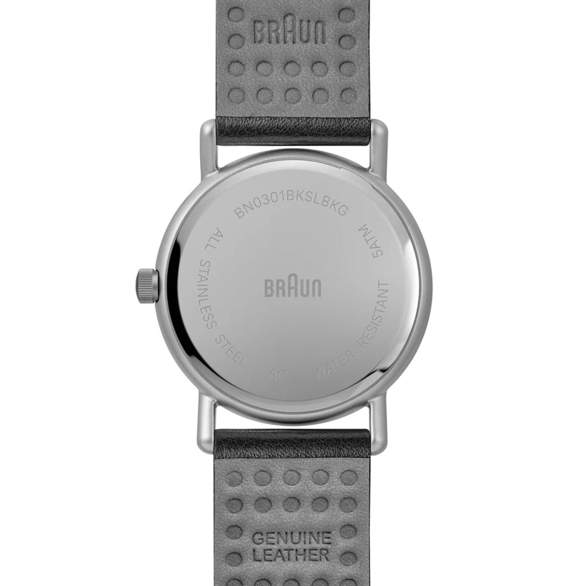 Braun men’s watch case back with stainless steel finish and black leather strap