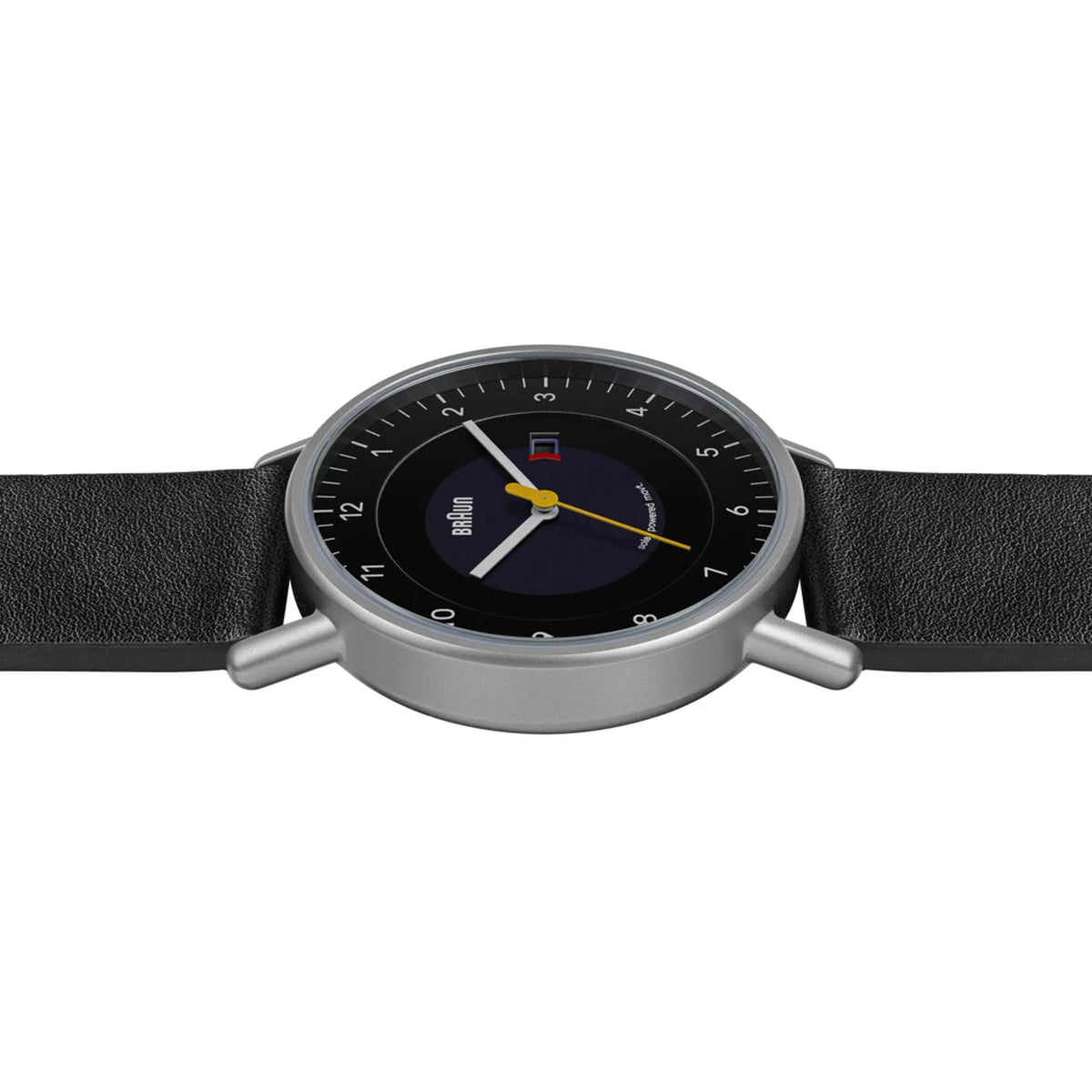 Braun solar-powered watch side profile with black dial and black leather strap
