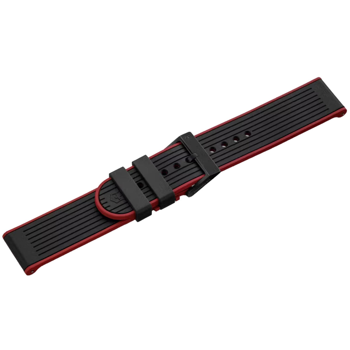 Victorinox Genuine Rubber V.60066 21mm black and red watch strap featuring grooved upper texture, dual keepers, and dark pin buckle