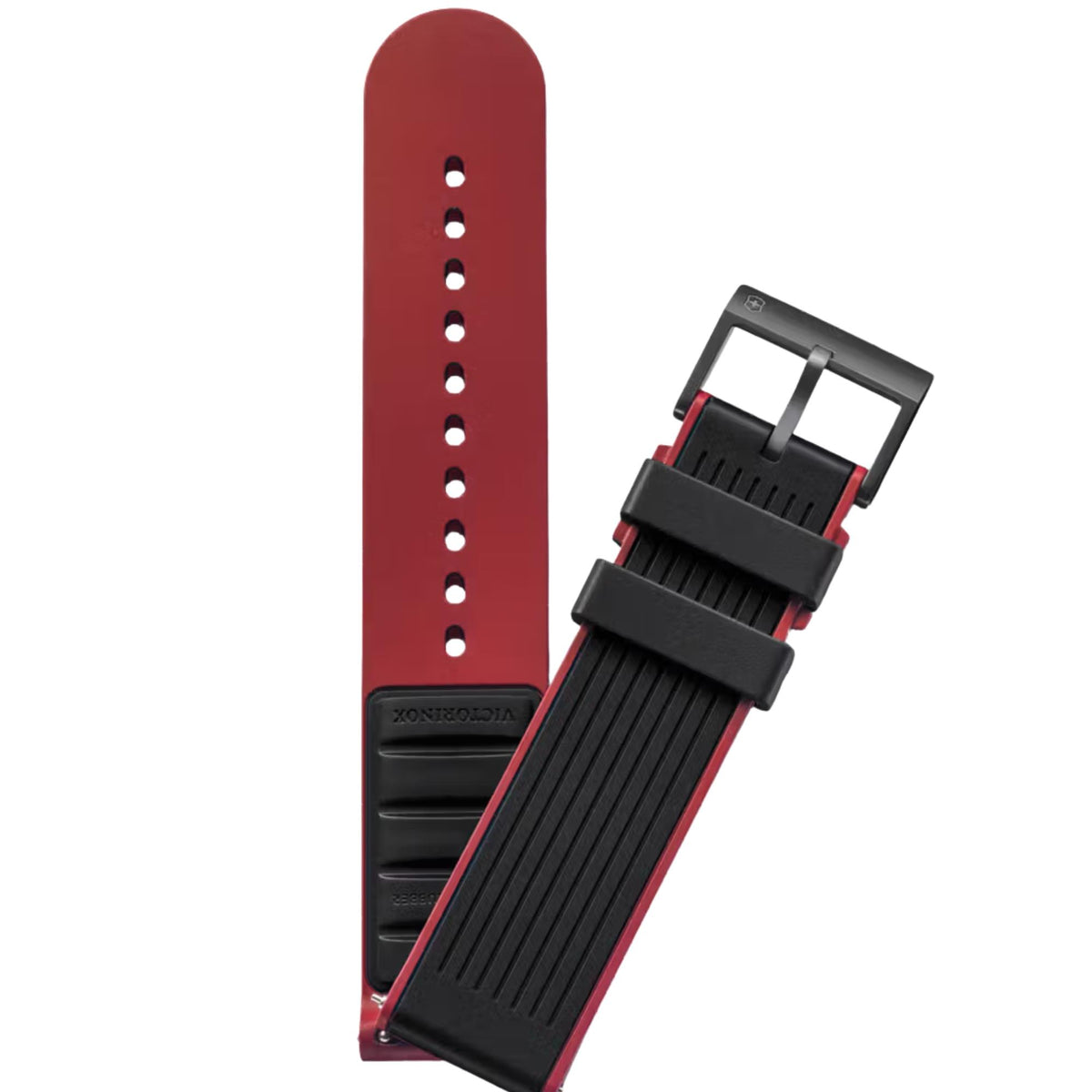 Victorinox Genuine Rubber V.60066 two-piece 21mm black silicone watch strap with red backing and branded black pin buckle stainless steel hardware