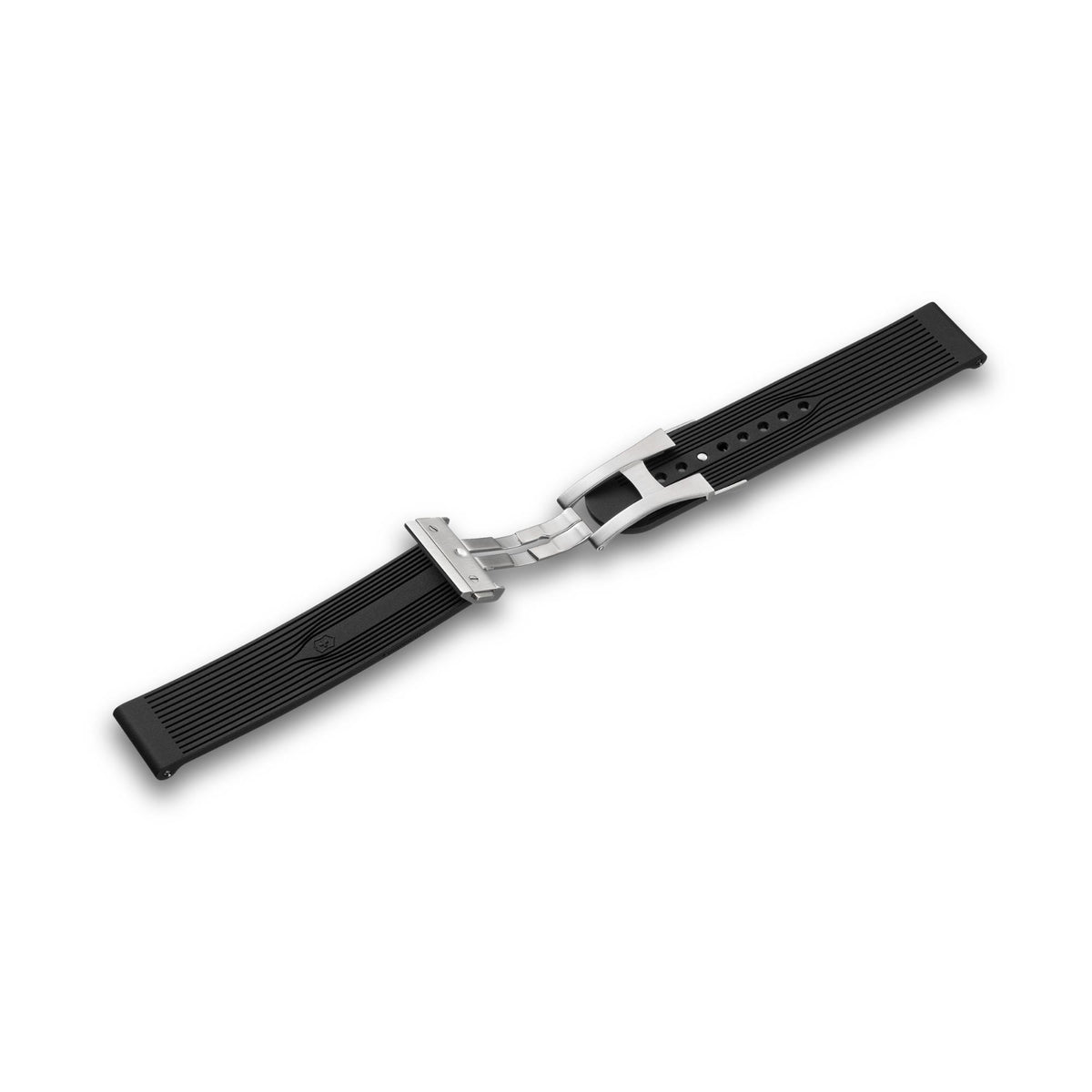 Victorinox Air-Pro V.60071 21mm black rubber watch band showing open silver deployment clasp deployment mechanism and pin holes