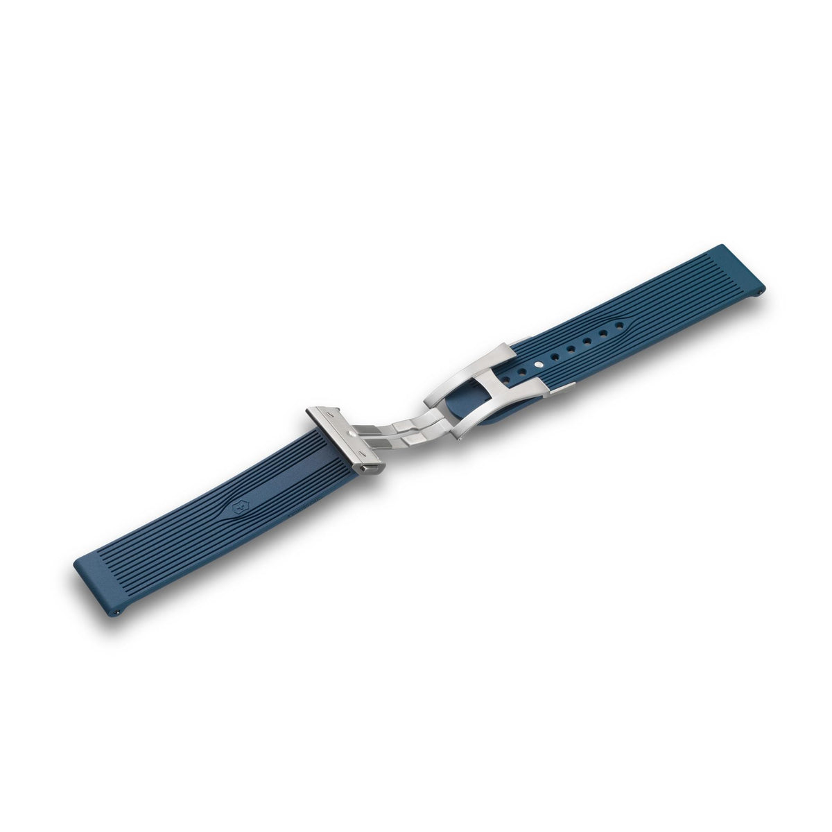 Victorinox Air-Pro V.60072 21mm replacement blue rubber watch band showing open silver foldover clasp mechanism and adjustment sizing holes
