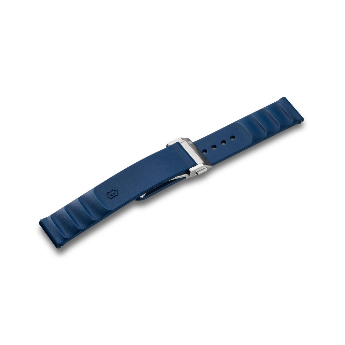 Victorinox Genuine Rubber V.60076 small 16mm blue watch strap featuring ribbed ends, shield emblem, and closed stainless steel folding clasp