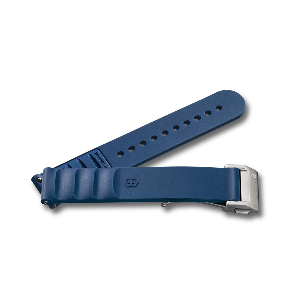Victorinox Genuine Rubber V.60076 16mm replacement blue silicone strap showing textured upper wave design, pin holes, and brushed metal buckle hardware