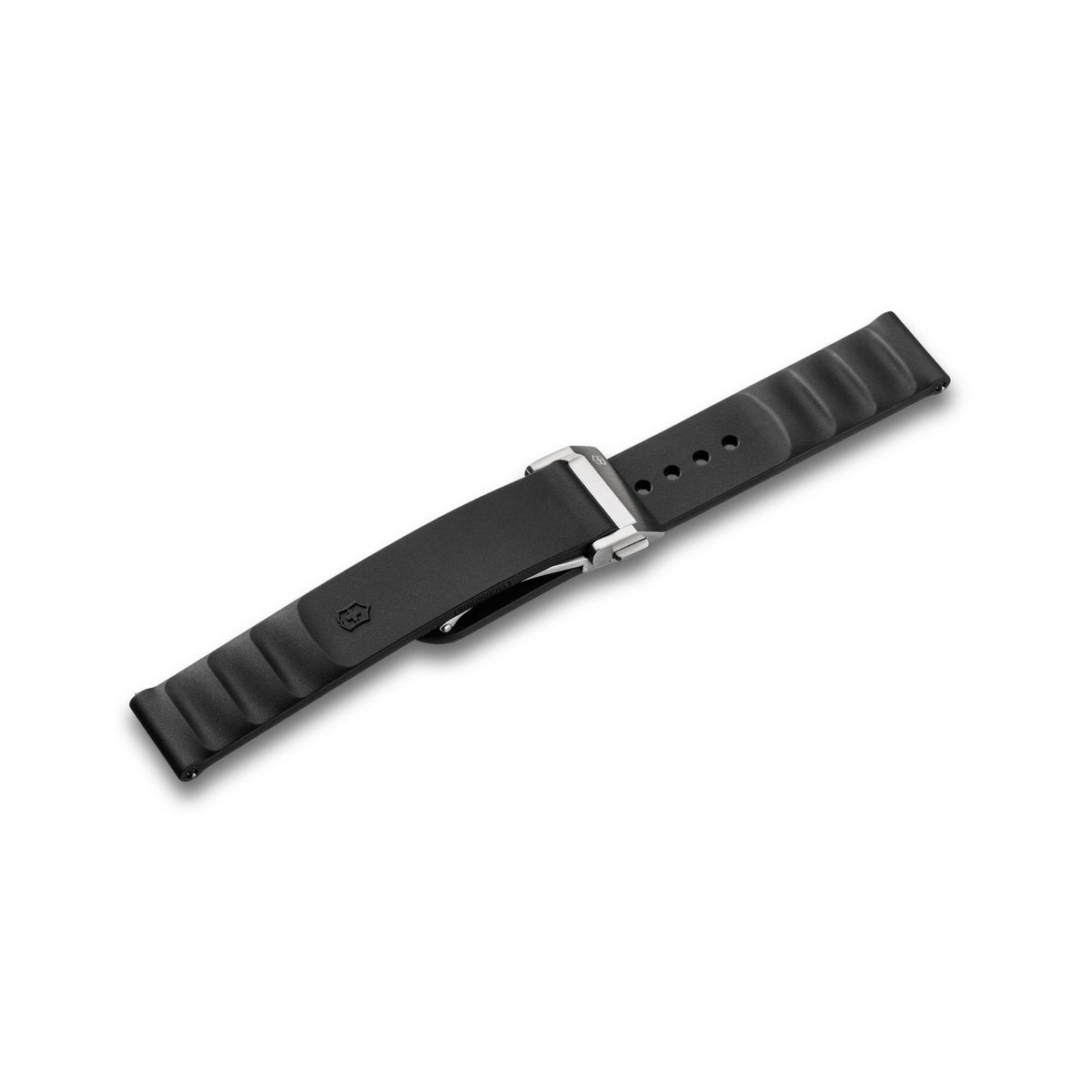 Victorinox Genuine Rubber V.60077 small 16mm black watch strap featuring ribbed ends, shield logo detail, and closed steel folding clasp