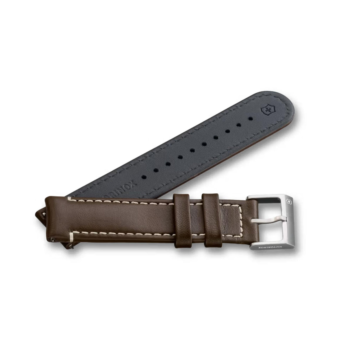 Dark leather 21mm watch strap with silver pin buckle and brown strap keeper