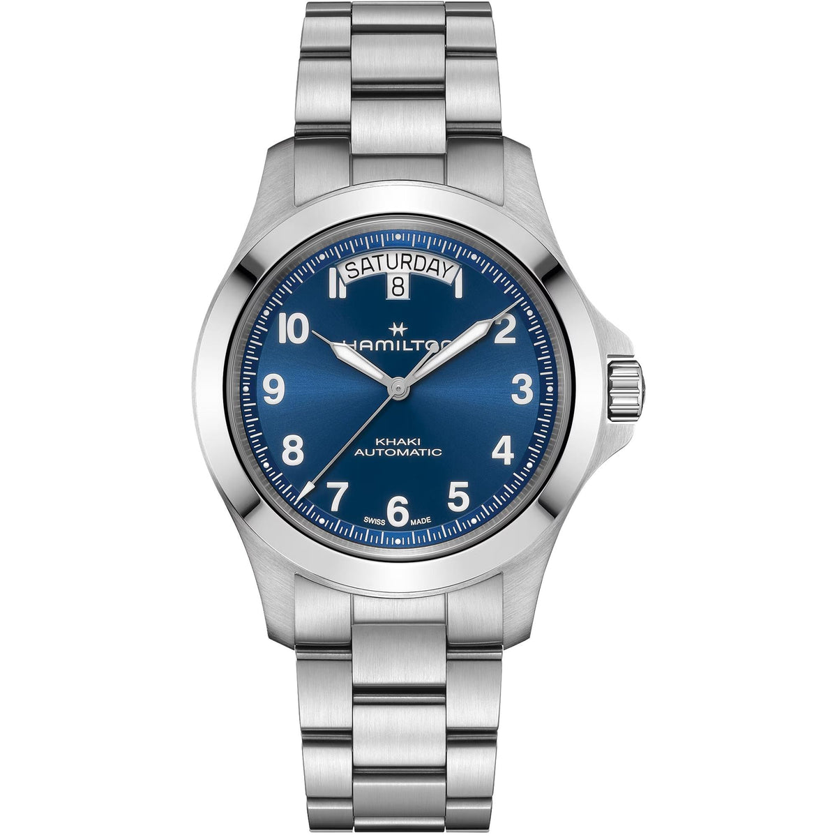 Men's stainless-steel automatic watch with blue dial and date at 3 o'clock