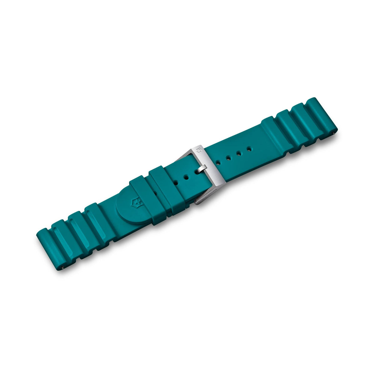 Teal rubber watch strap, ridged with silver tang buckle and multiple holes
