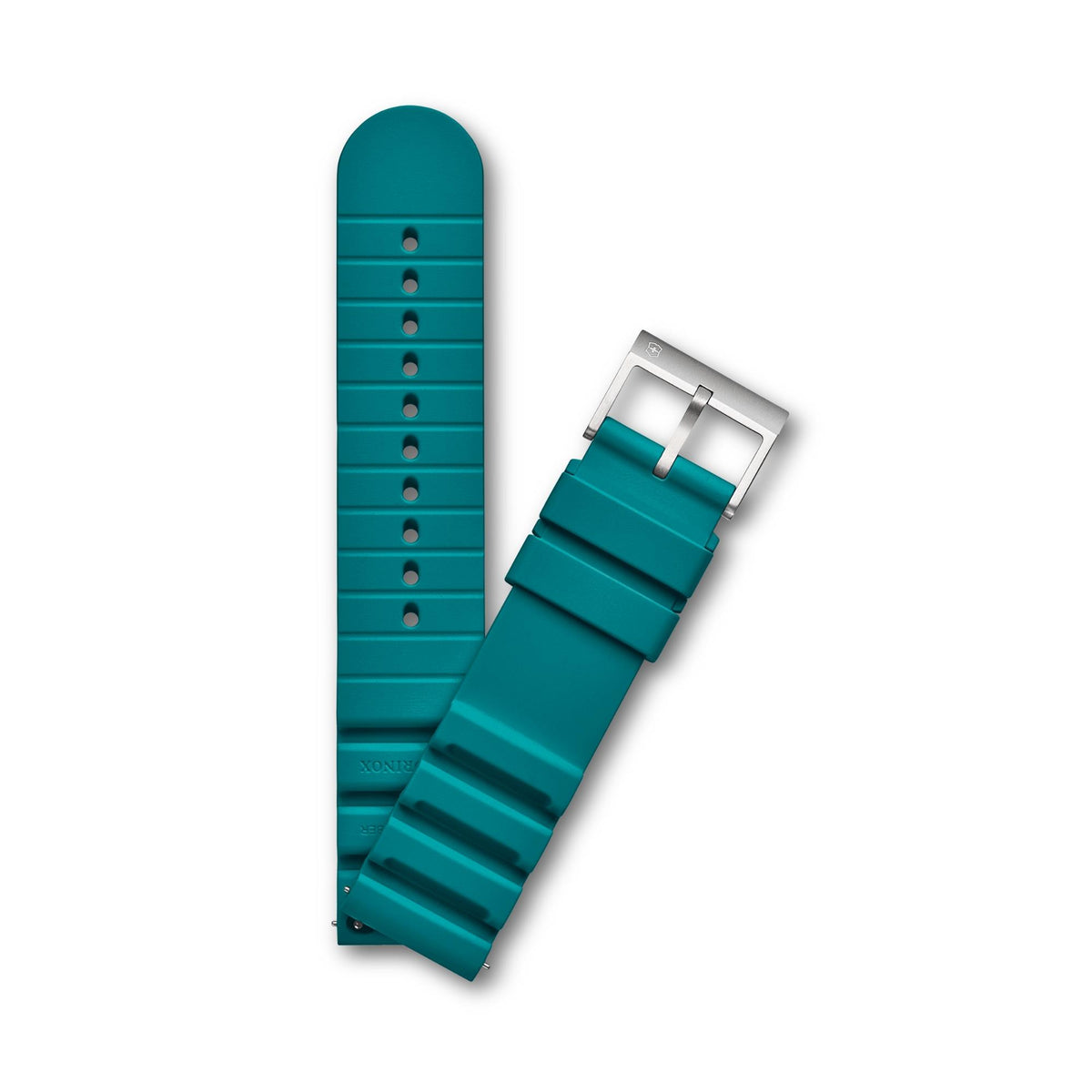 Teal rubber watch strap with silver buckle and adjustable pin-hole rows