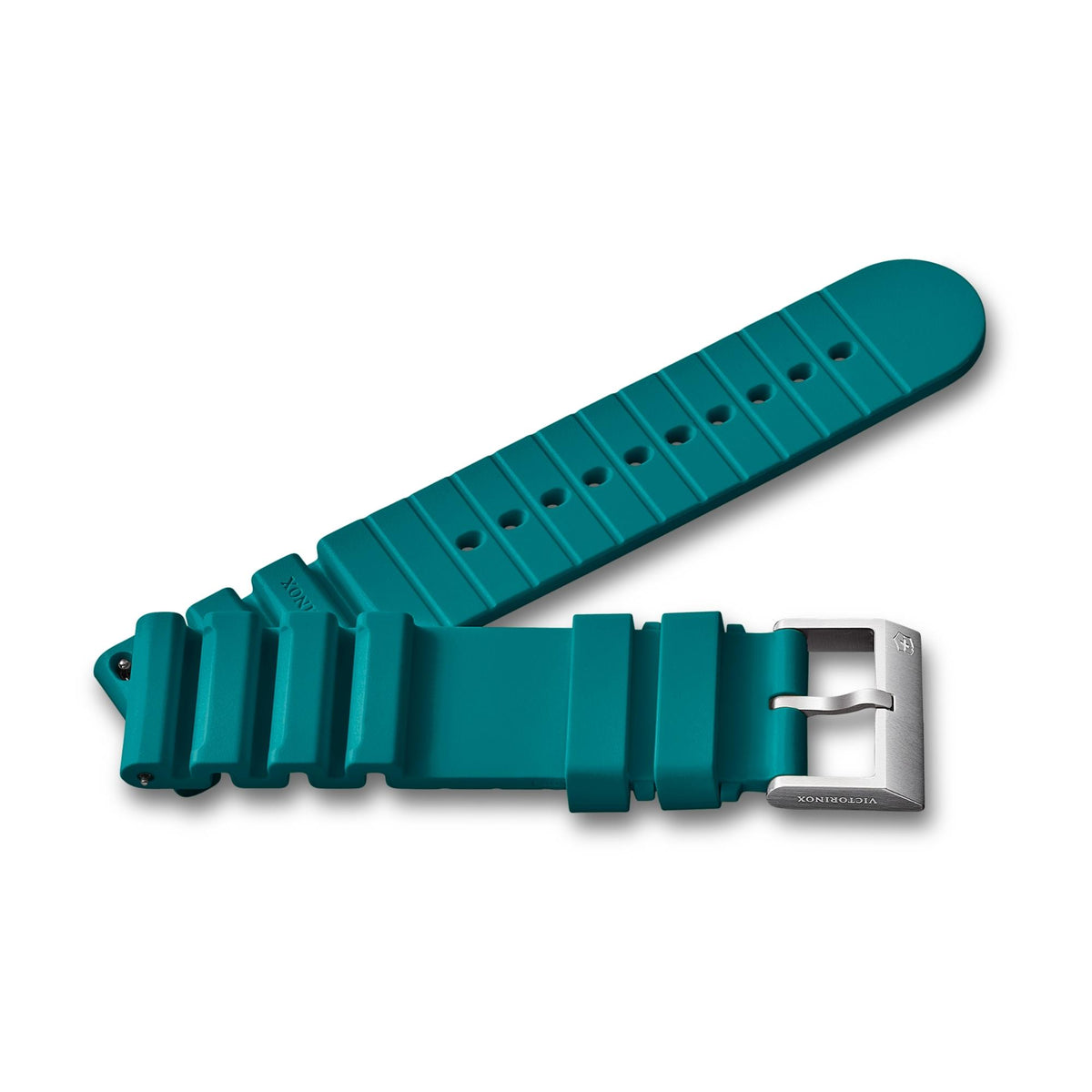 Teal rubber watch strap with silver clasp and end loop attachment