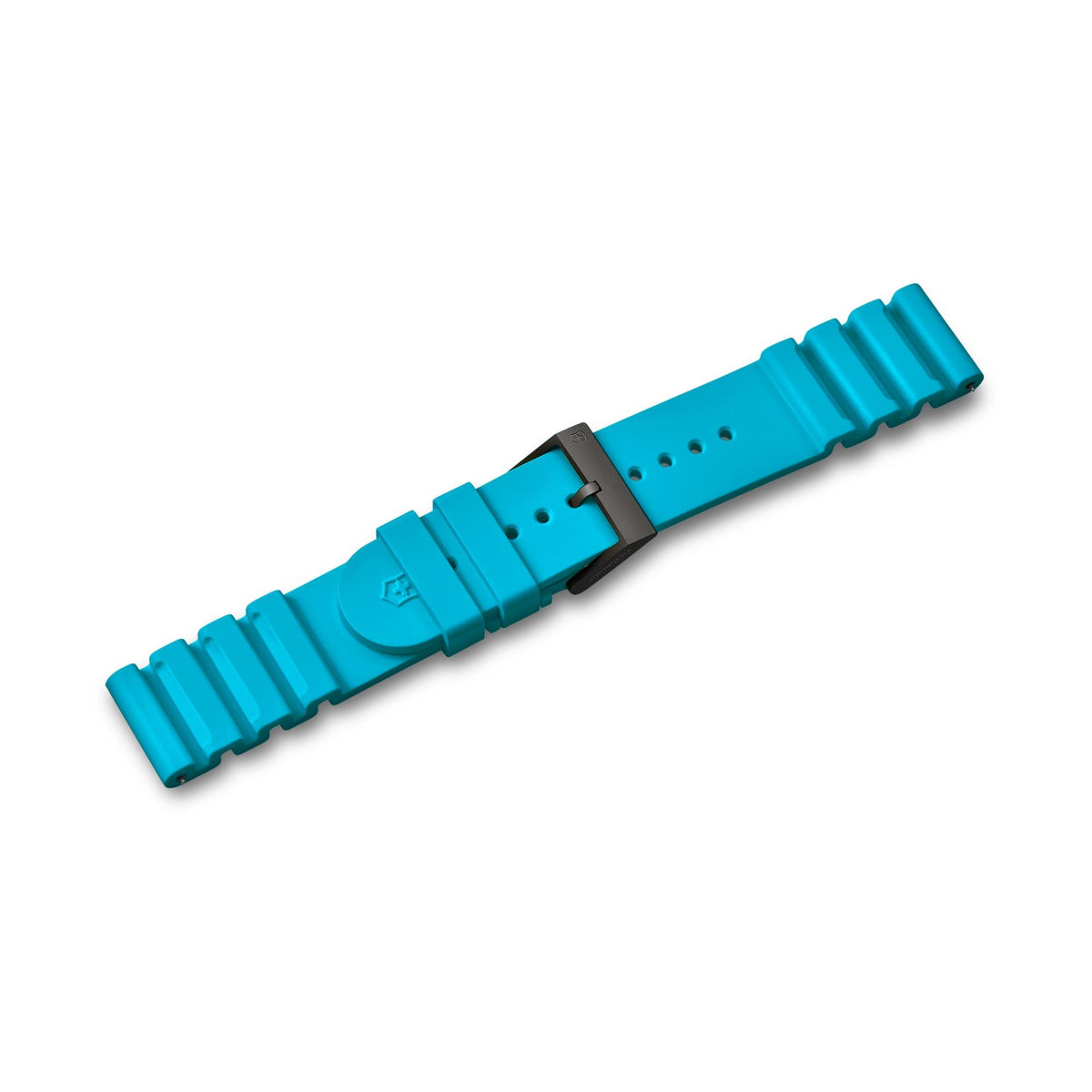 Blue rubber watch strap with black deployment buckle and punched holes