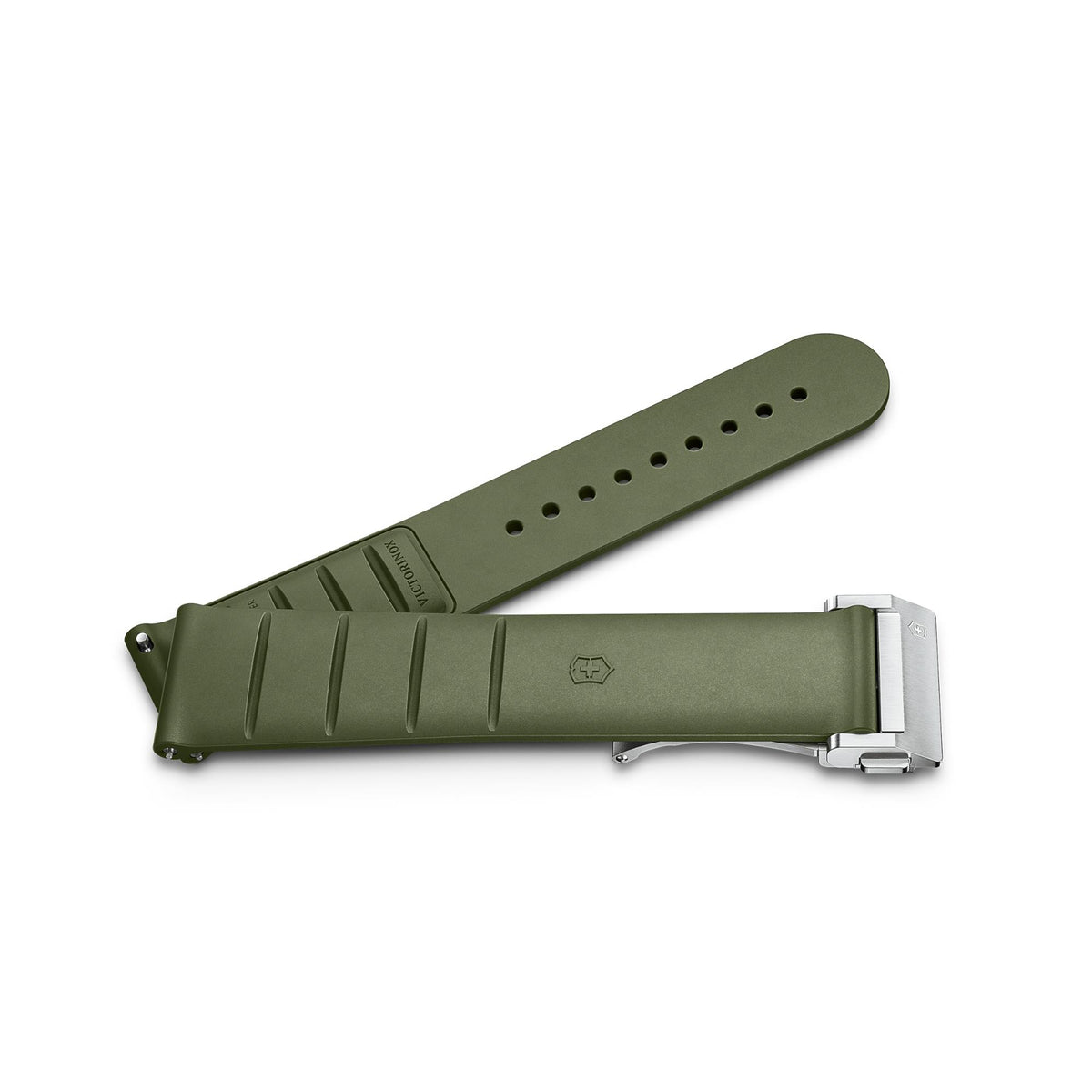 Green rubber watch strap with silver buckle, ridged texture, and ventilation holes