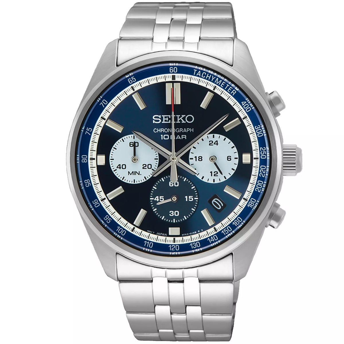Seiko Essentials 41.5mm blue motorsport chronograph stainless steel watch SSB427P1 front view