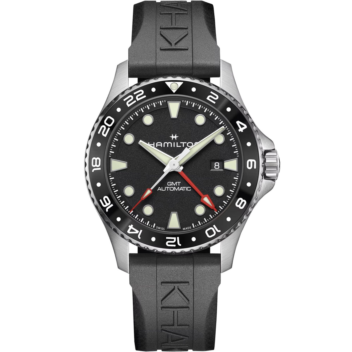 Men's black dial automatic GMT diver watch with black rubber strap and steel bezel