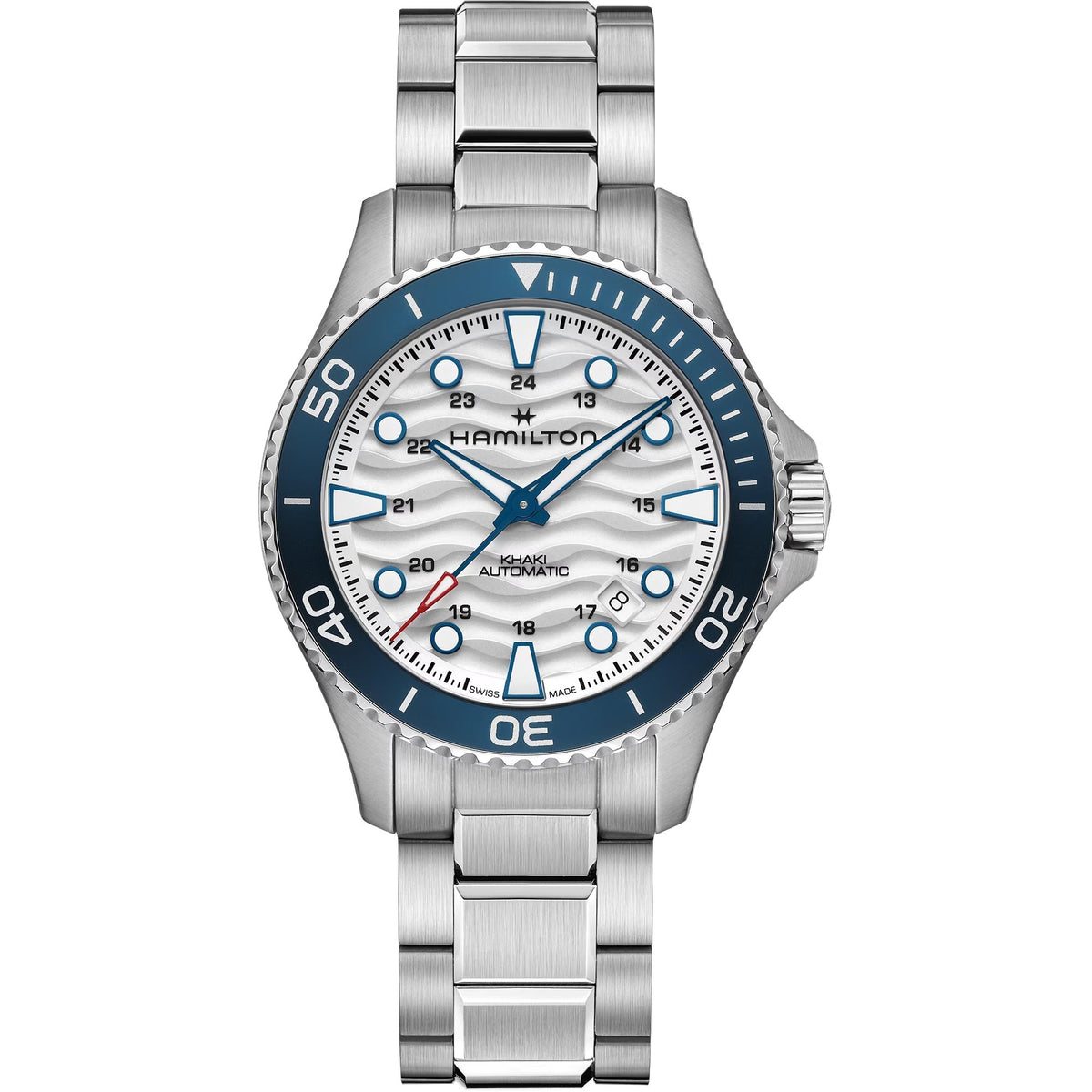 Front view of Hamilton Khaki Navy Scuba H82425110 featuring a wavy white dial, blue timing bezel, and stainless steel bracelet