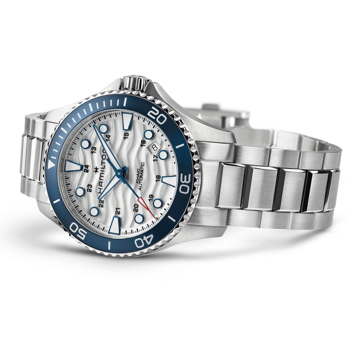 Side view of Hamilton Khaki Navy Scuba H82425110 highlighting the knurled crown guard and stainless steel casing