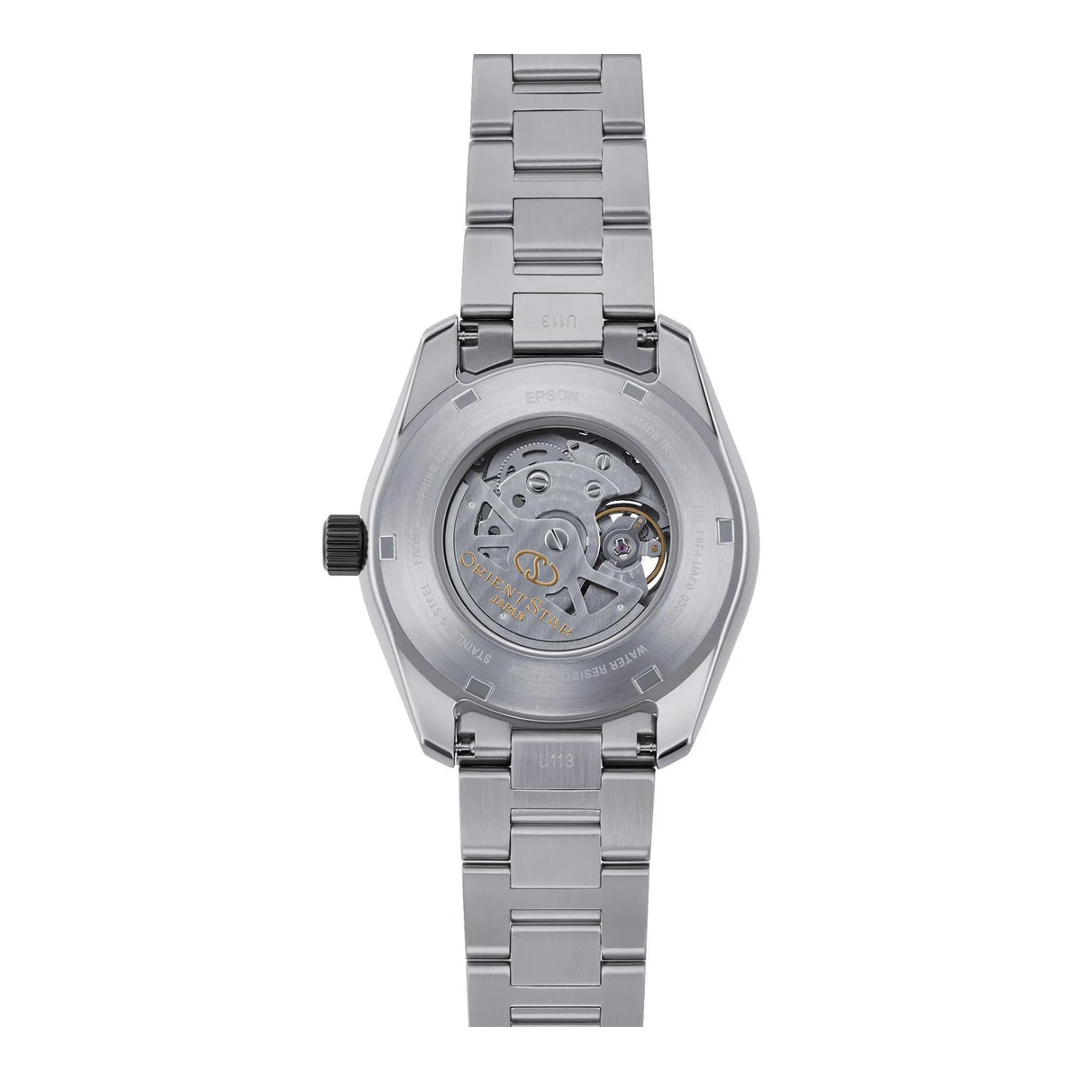 Men's automatic watch back view, stainless steel case with visible mechanism.