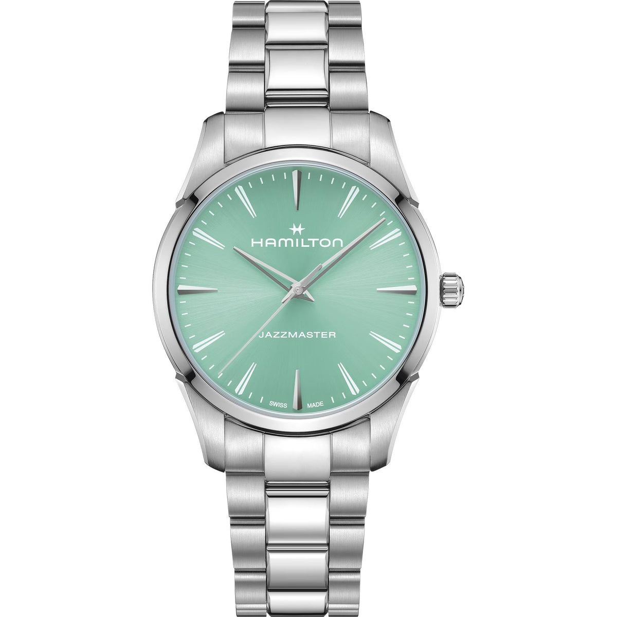 Front view of the Hamilton Jazzmaster H32461161 watch displaying its light mint blue sunburst dial and stainless steel bracelet