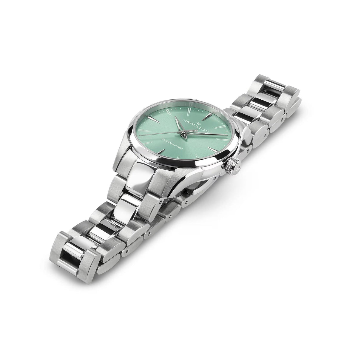 Ladies steel quartz watch angled view with light green dial and silver bracelet