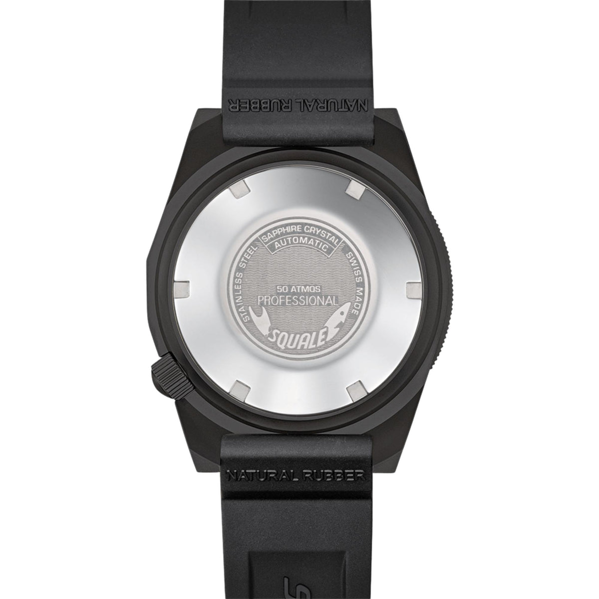 Squale 1521 automatic watch caseback on black rubber strap, engraved professional