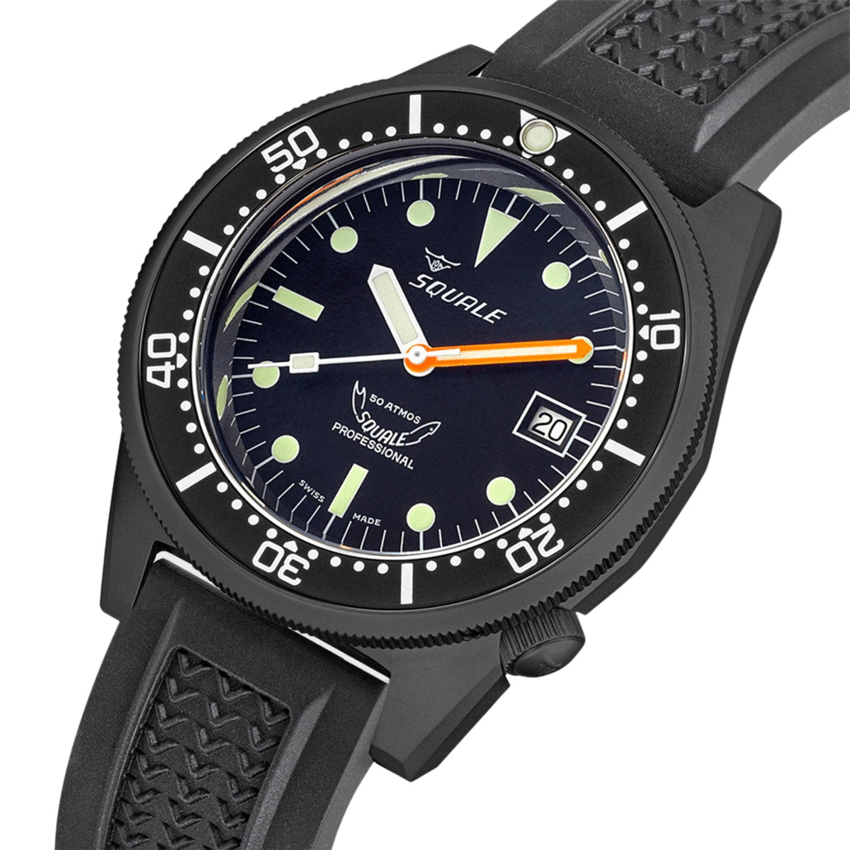 Squale 1521 diver watch with dark dial, glow markers, orange center seconds hand
