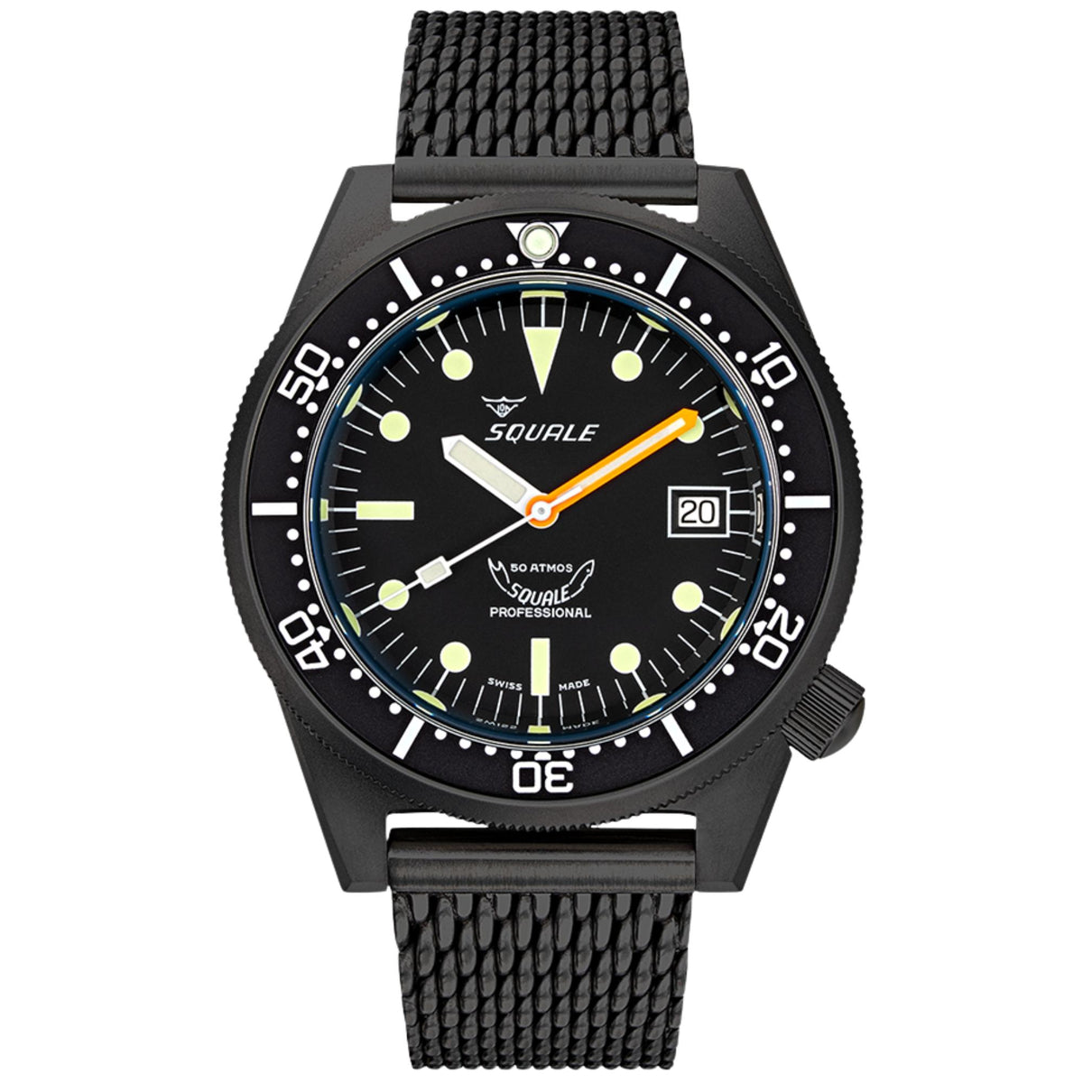 Black steel automatic dive watch with dark blue dial, lumed markers, orange seconds hand