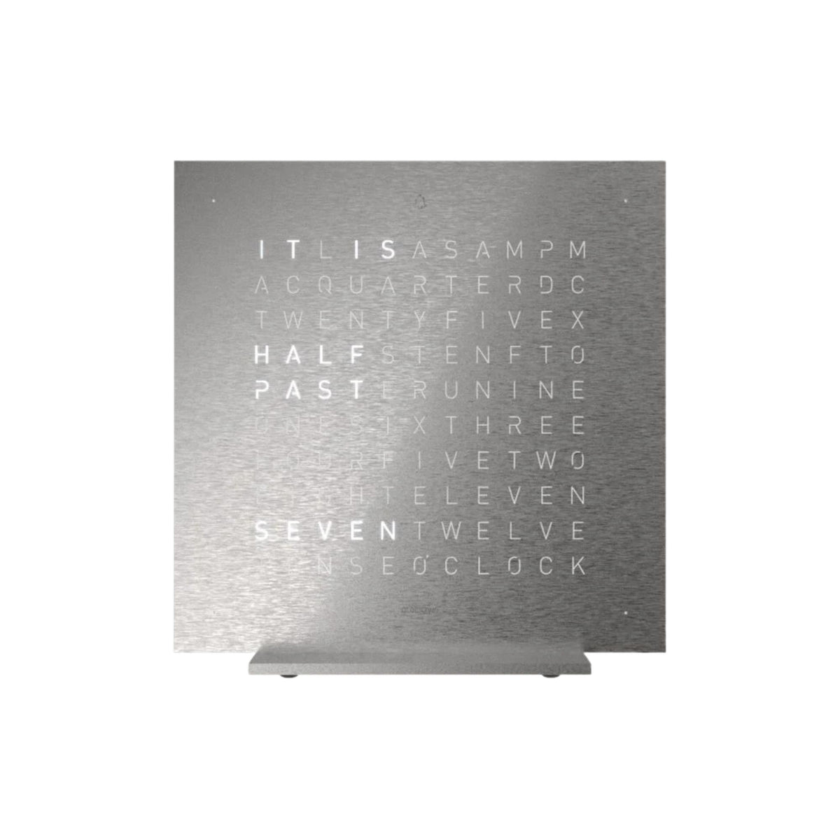 Steel QLOCKTWO table clock with English word time grid, angled front view