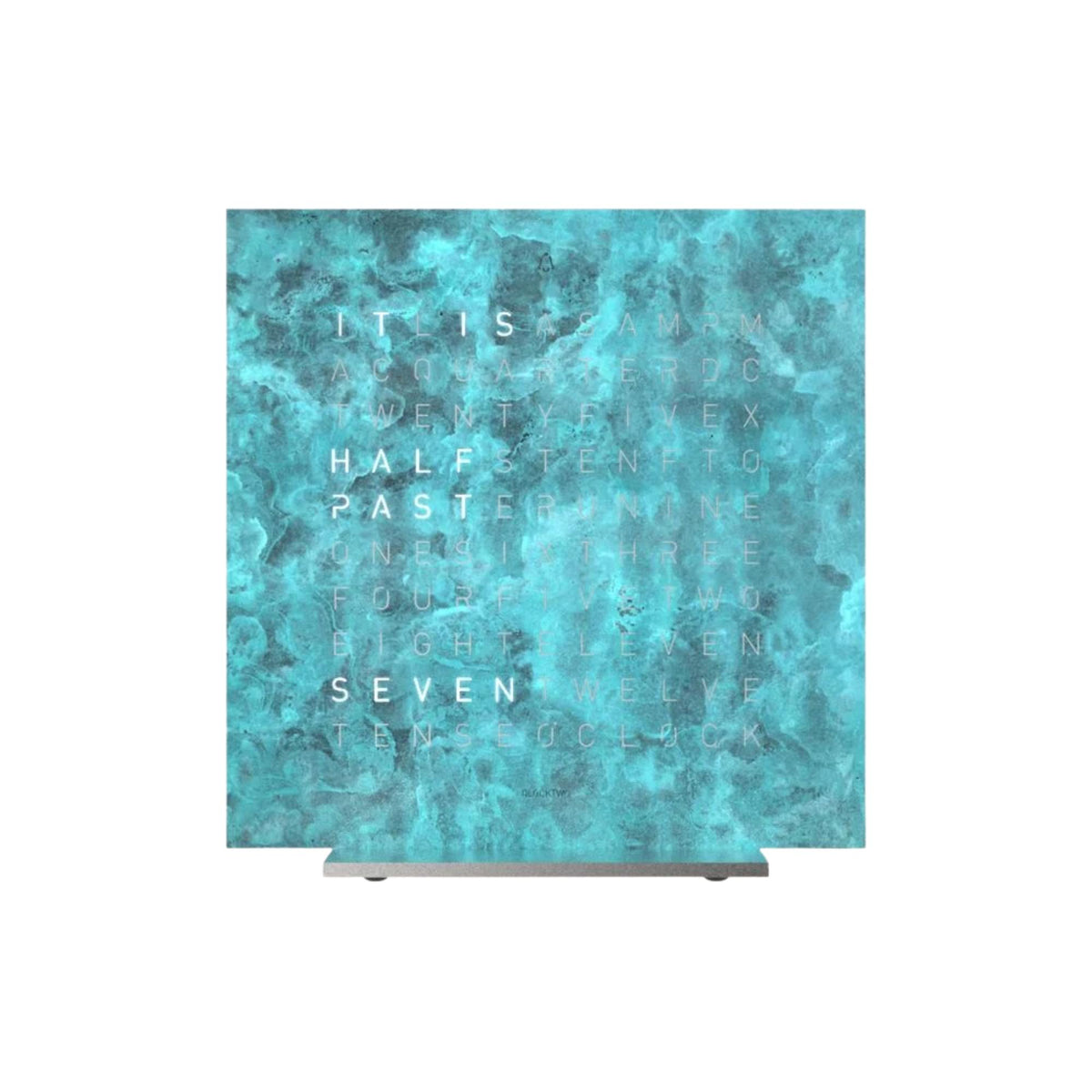 Turquoise word clock table clock with square glass face and glowing letter display.