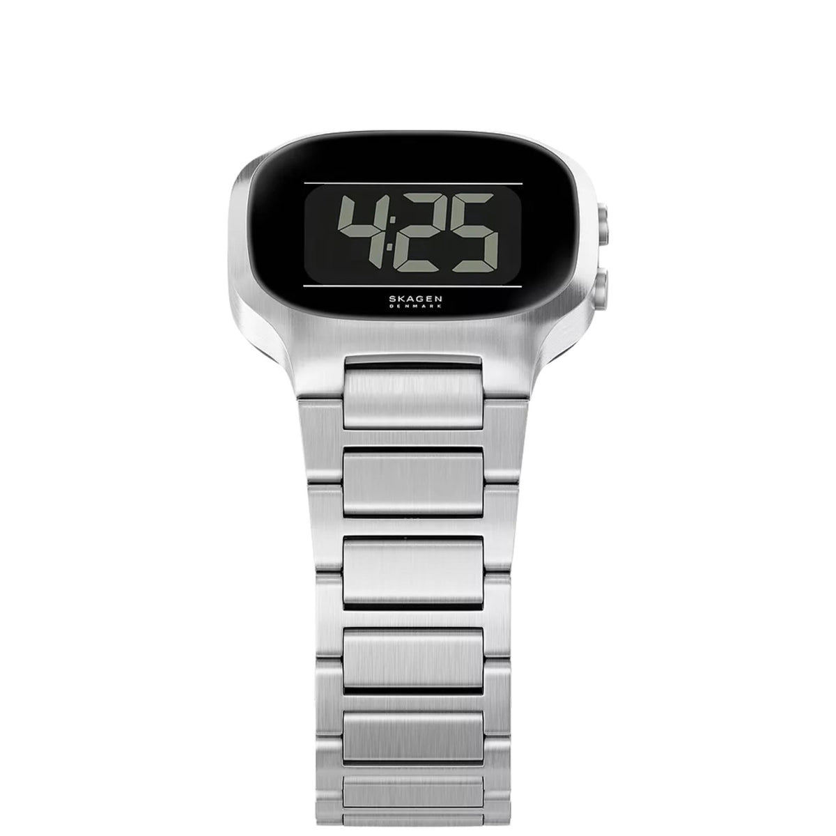 Skagen digital steel watch front with black display showing time digits