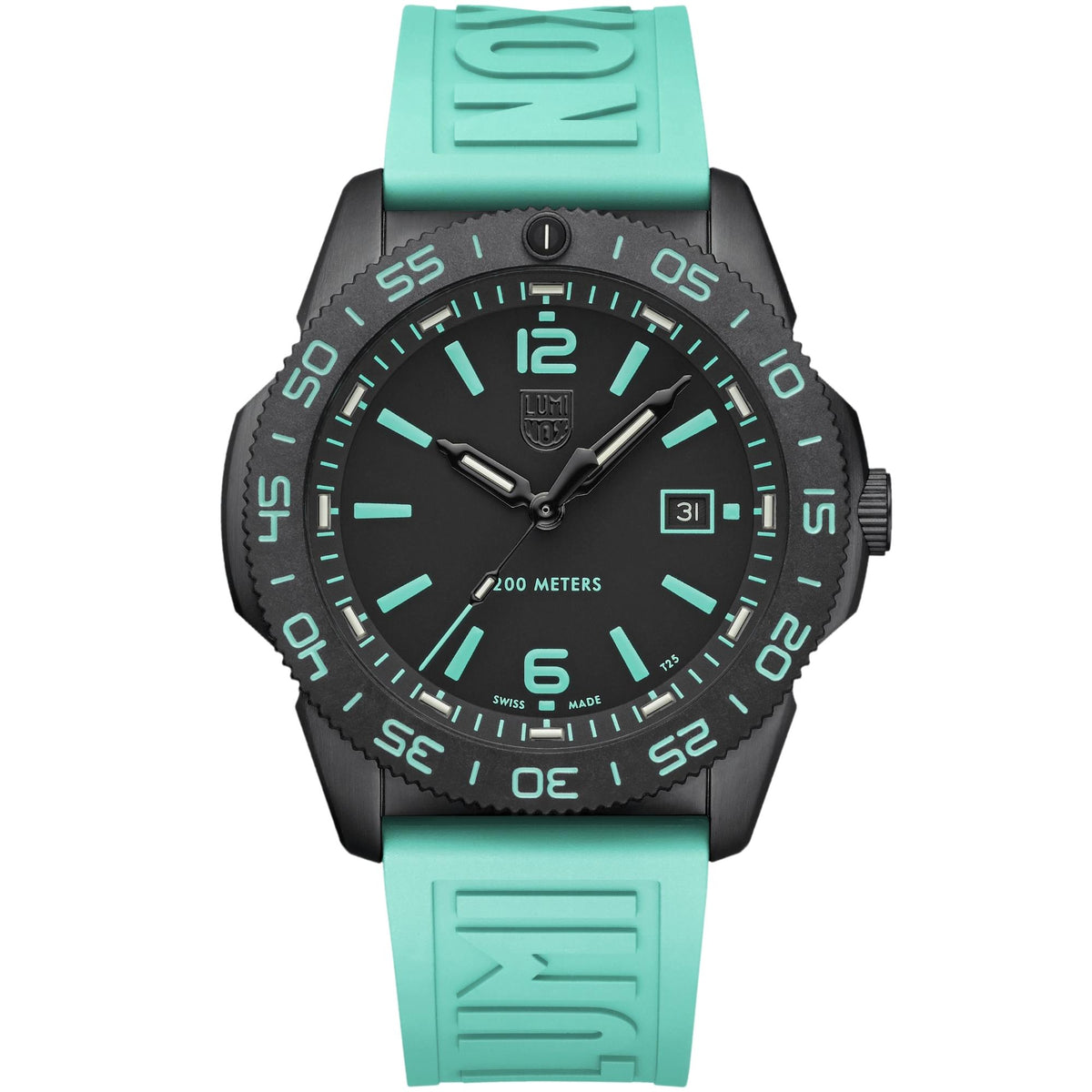 Direct front studio view of the Luminox Pacific Diver XS.3124.N.SET, showcasing bright mint green hour markers, a black case, and matching rubber strap
