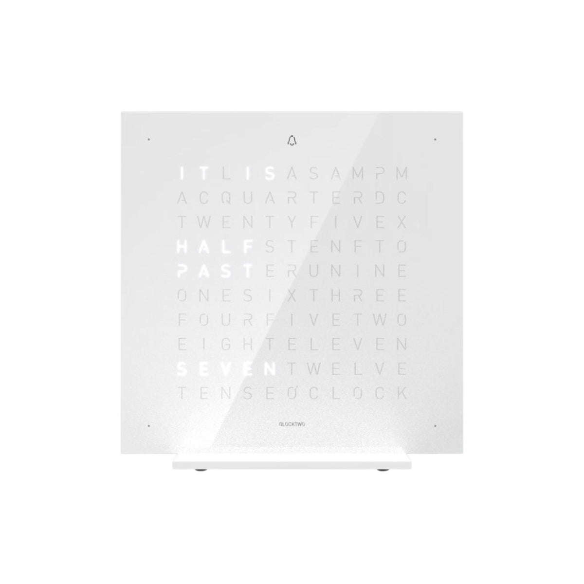 White QLOCKTWO table clock with word-style time lettering on front display panel