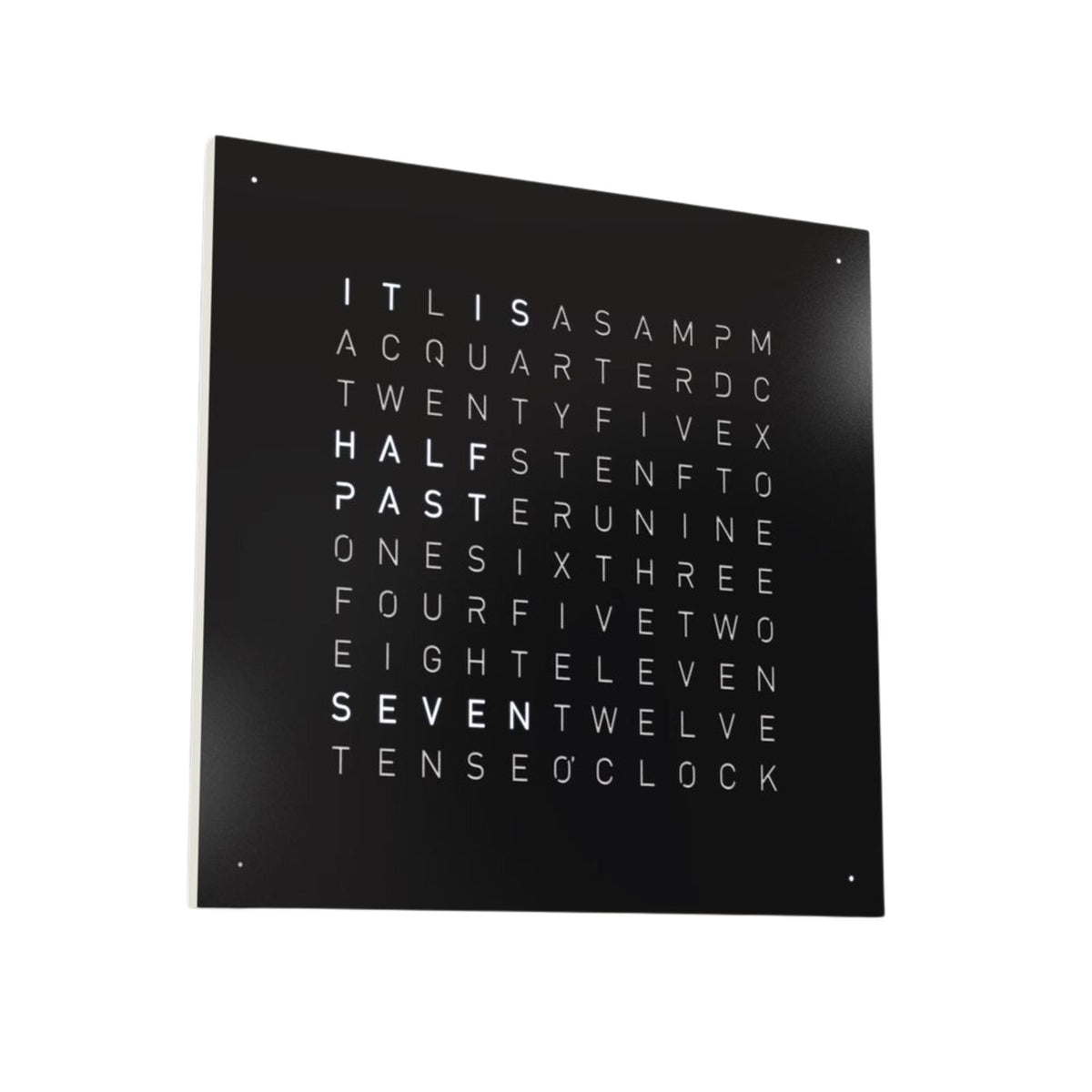 Black pepper QLOCKTWO wall clock, tilted square face with lit hour word grid