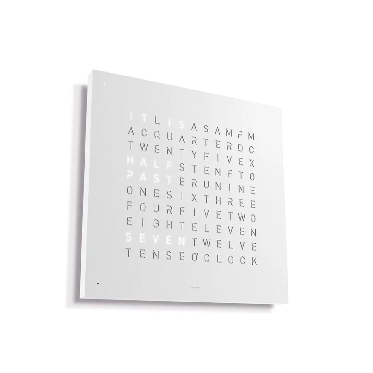 White word wall clock panel with English time-letter rows in a grid
