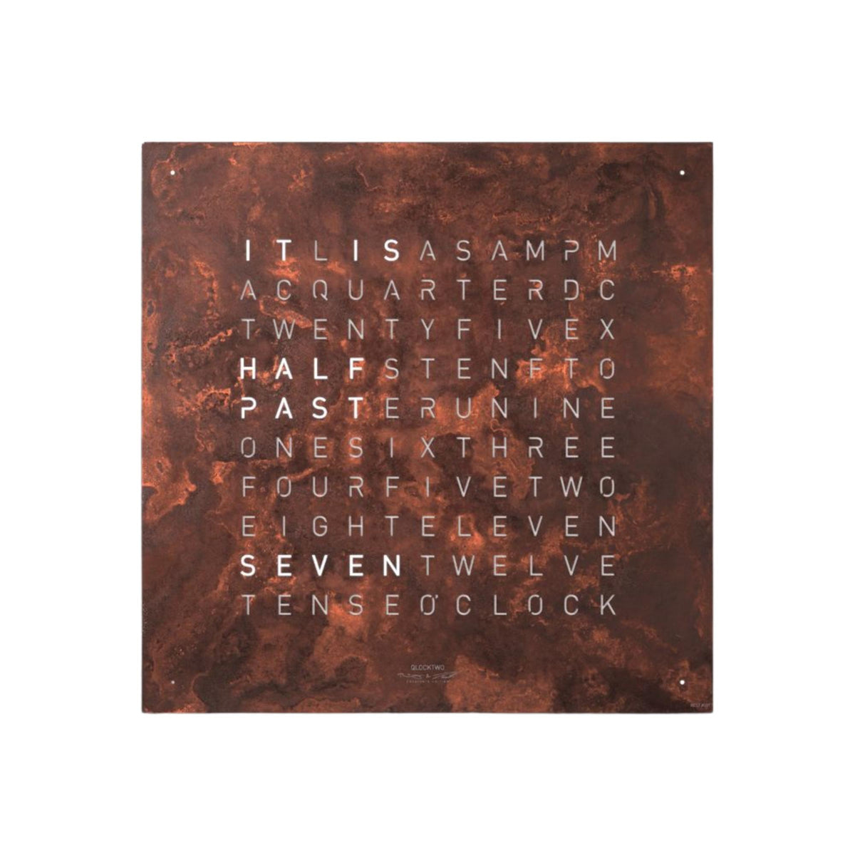 QLOCKTWO rust wall clock with English word time display on square copper panel