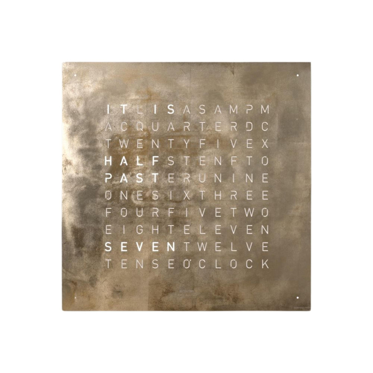 Square QLOCKTWO wall clock with gold face and English word grid