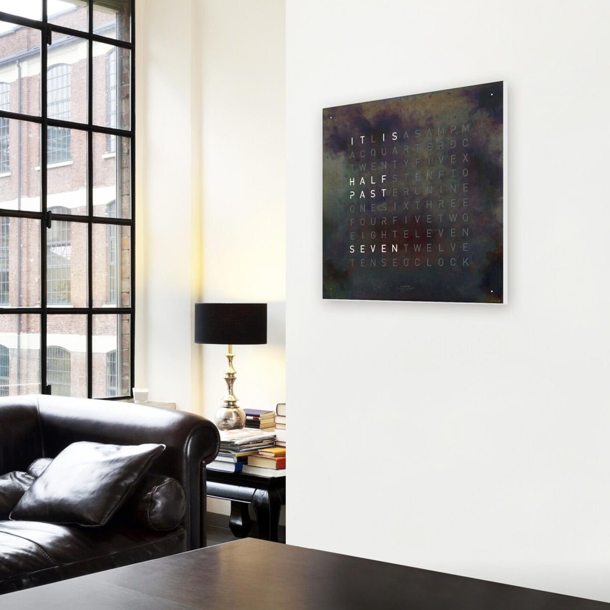 Square raw iron English word wall clock with glowing time text dial