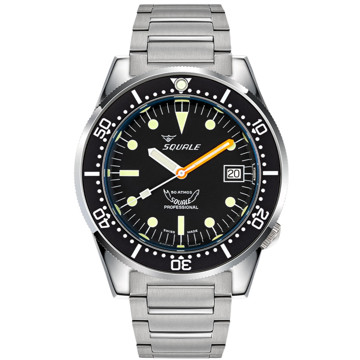 Men's steel automatic dive watch with black dial, luminous markers, orange hands, date window
