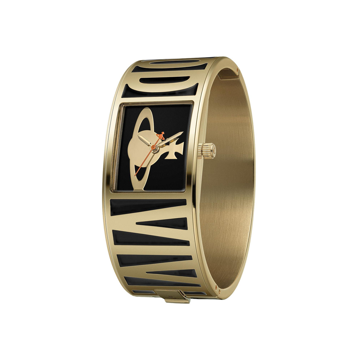 Gold-tone metal bracelet watch with black dial and horse motif, side view
