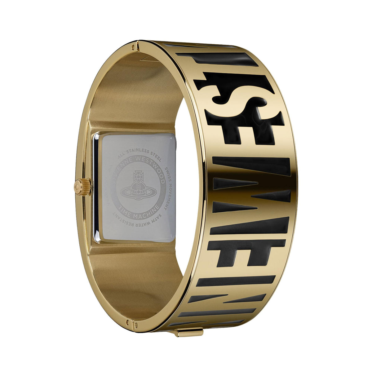 Gold-tone watch case back with engraved panel and linked metal bracelet