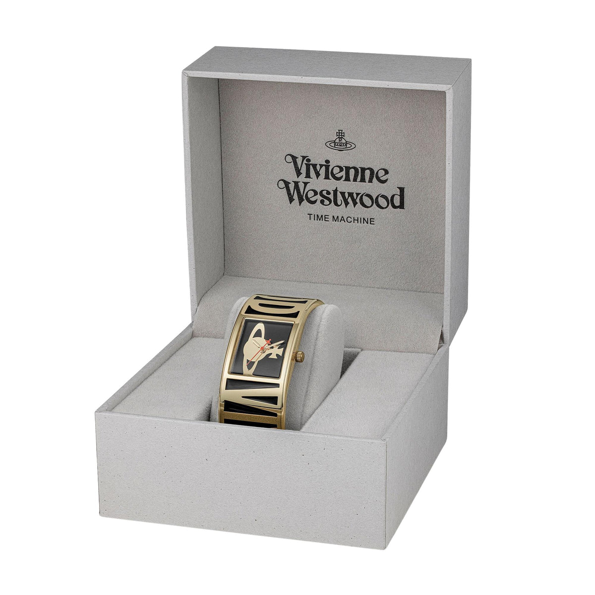 Gold-tone watch with black dial and horse motif in a gray display box