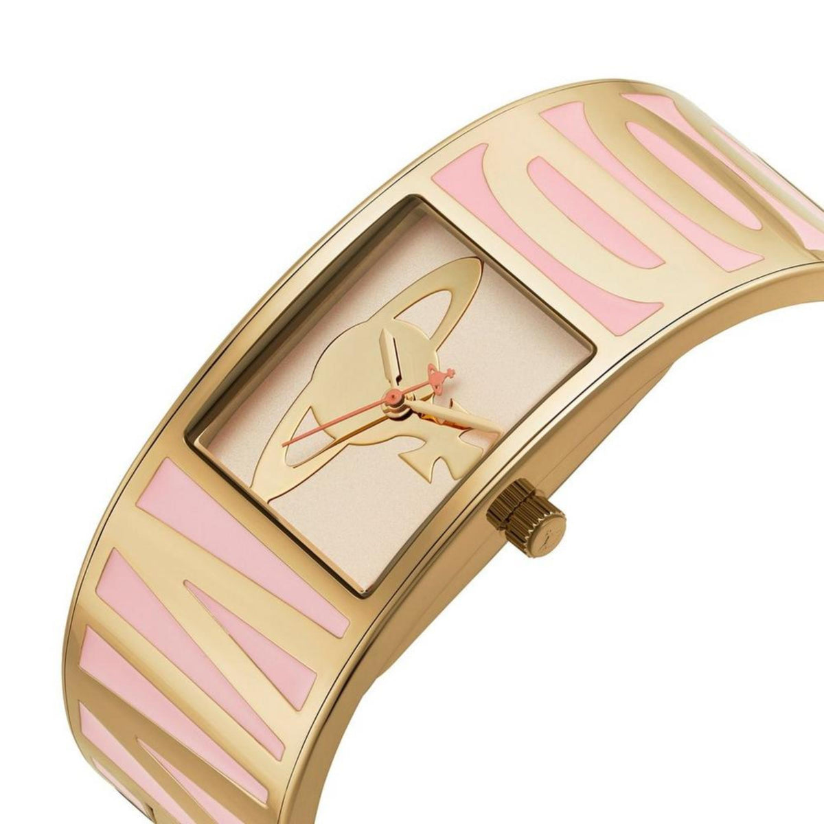 Gold-tone rectangular dial watch with pink stripes and red clock hands