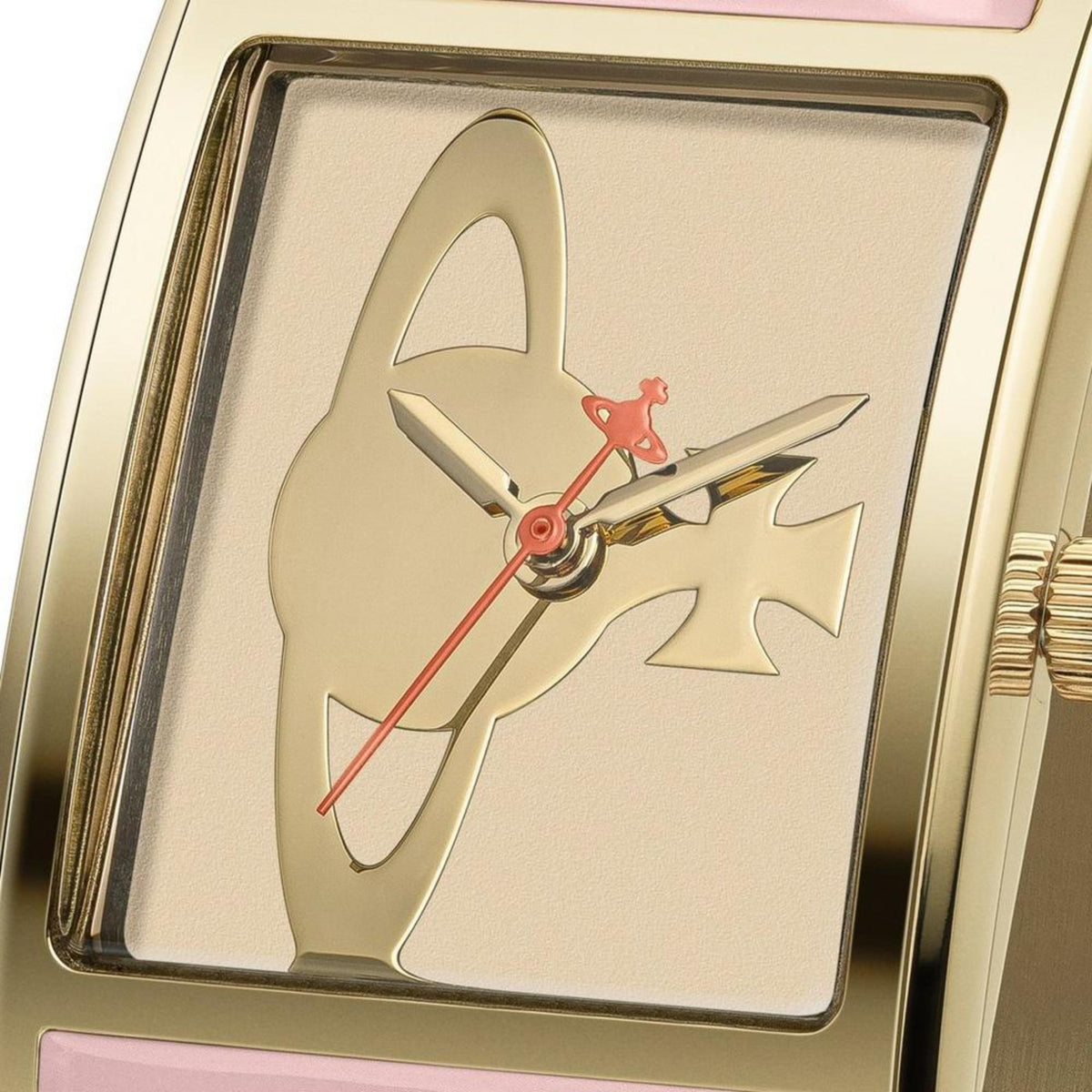 Gold-tone rectangular watch face with airplane motif and red clock hands