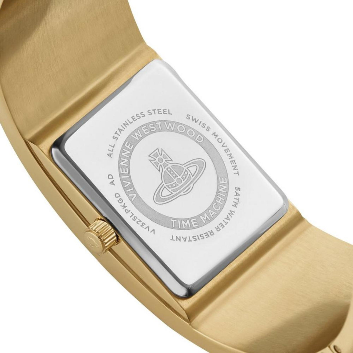 Gold-tone watch case back with stainless-steel and SWISS movement markings