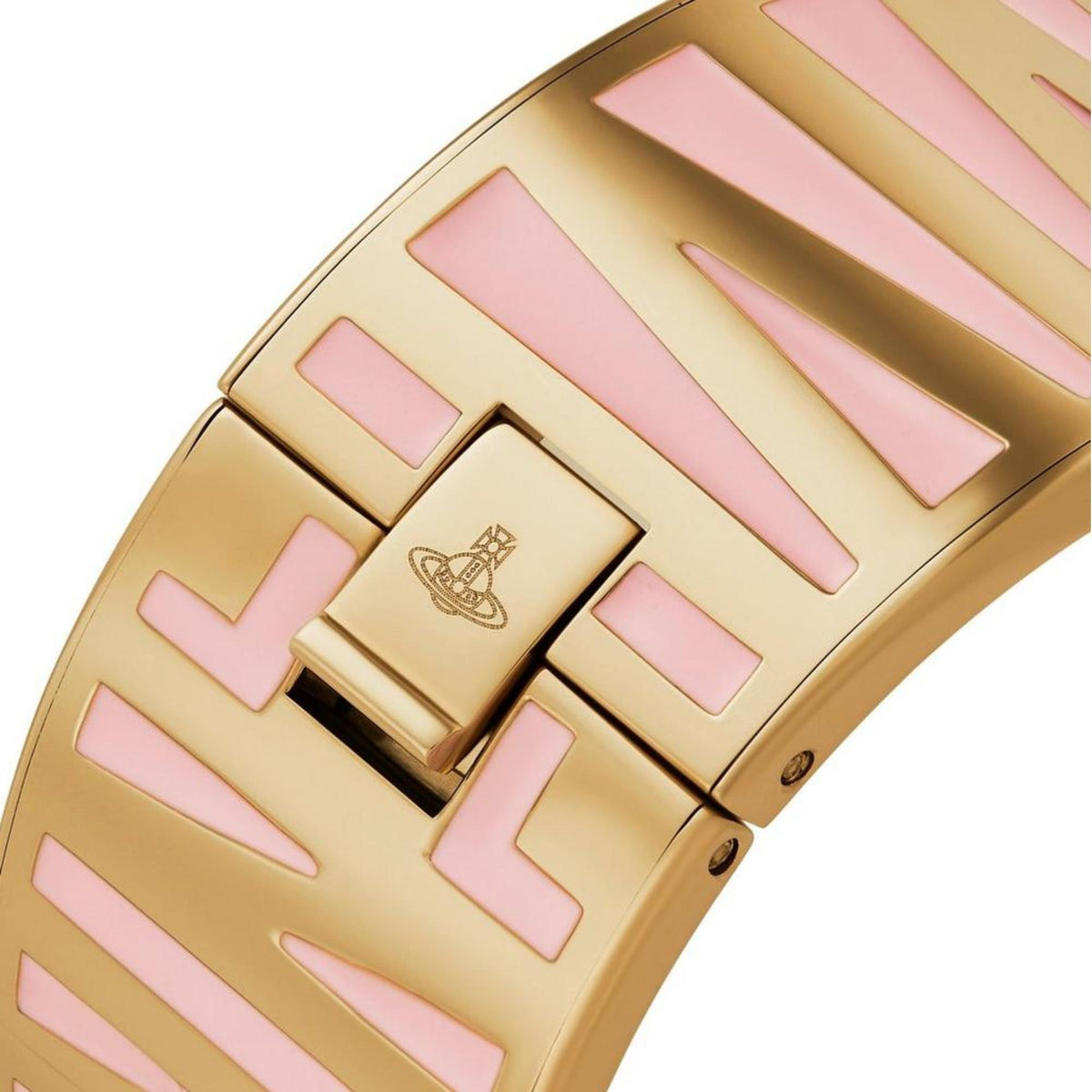 Gold-tone bracelet clasp with pink stripe engraving and metal pin details