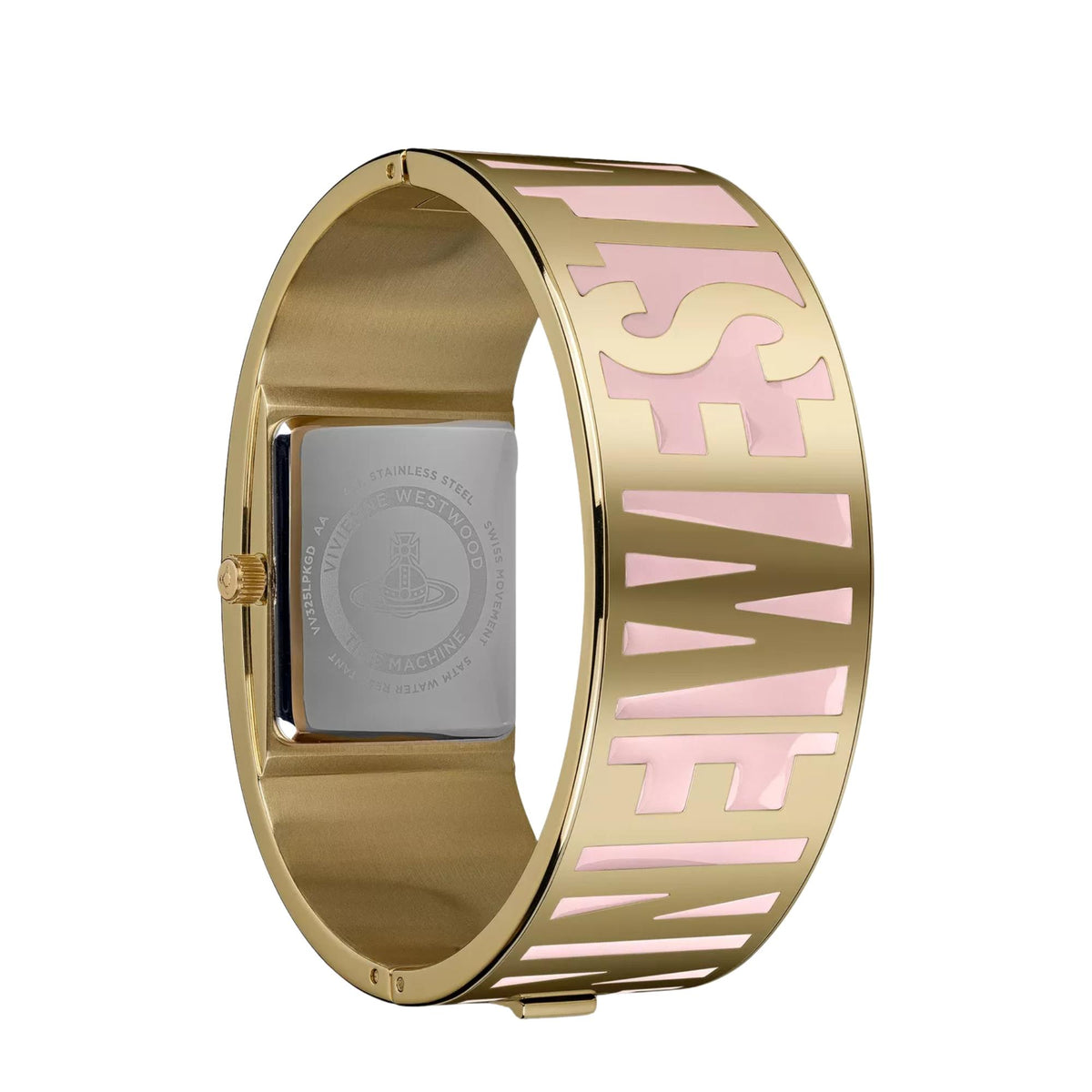 Gold-tone watch side with pink lettering-style stripe pattern