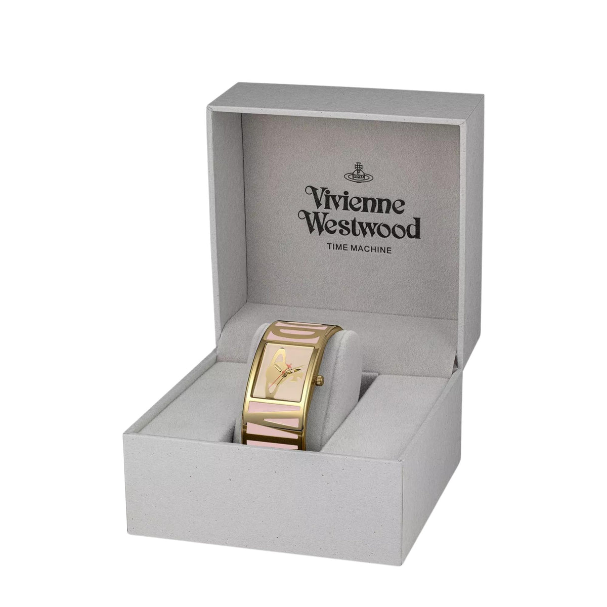Gold-tone rectangular wristwatch resting in gray presentation box with Vivienne Westwood logo