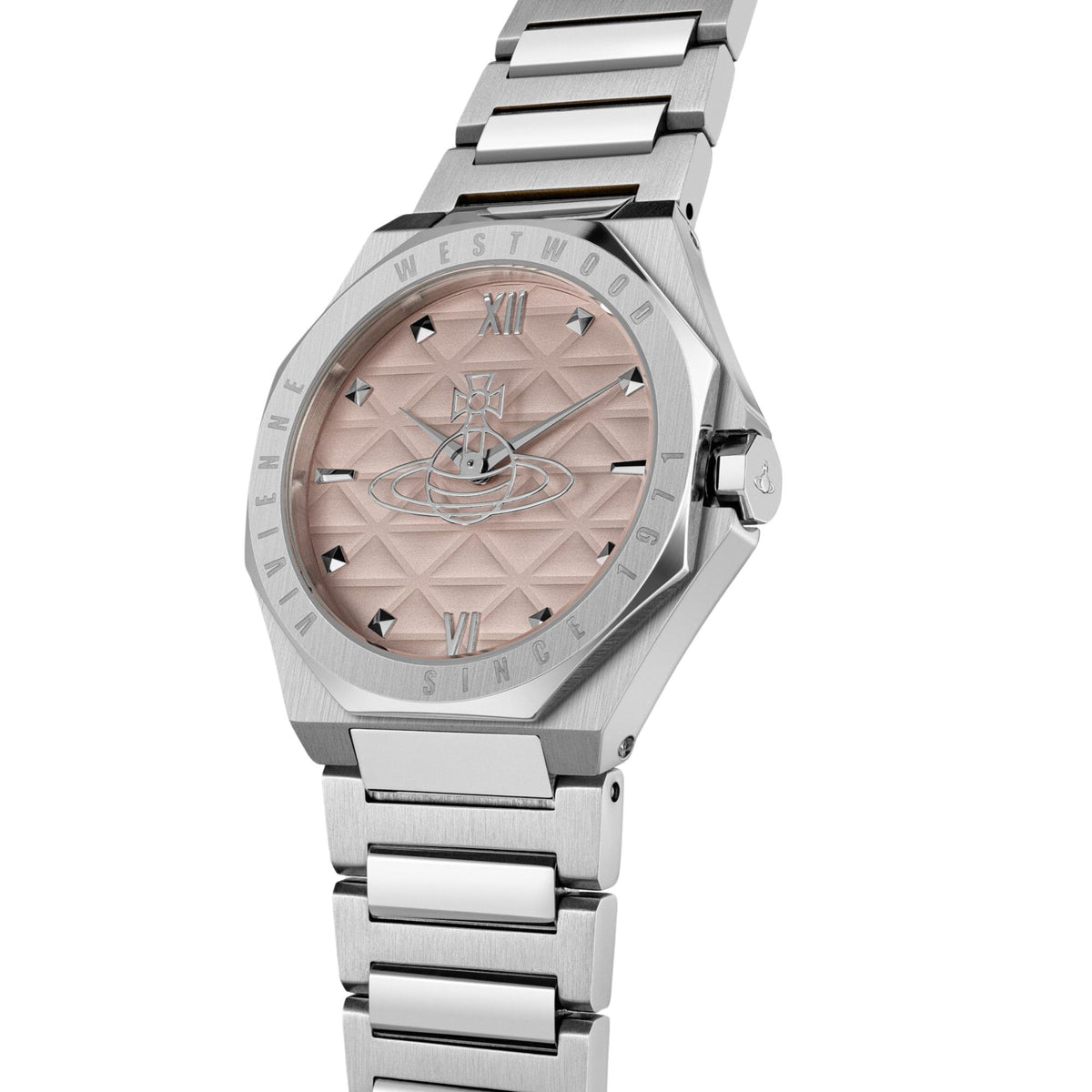 Vivienne Westwood Aldgate VV344PPKSL womens wrist watch featuring a pink dial, engraved bezel, and stainless steel link bracelet