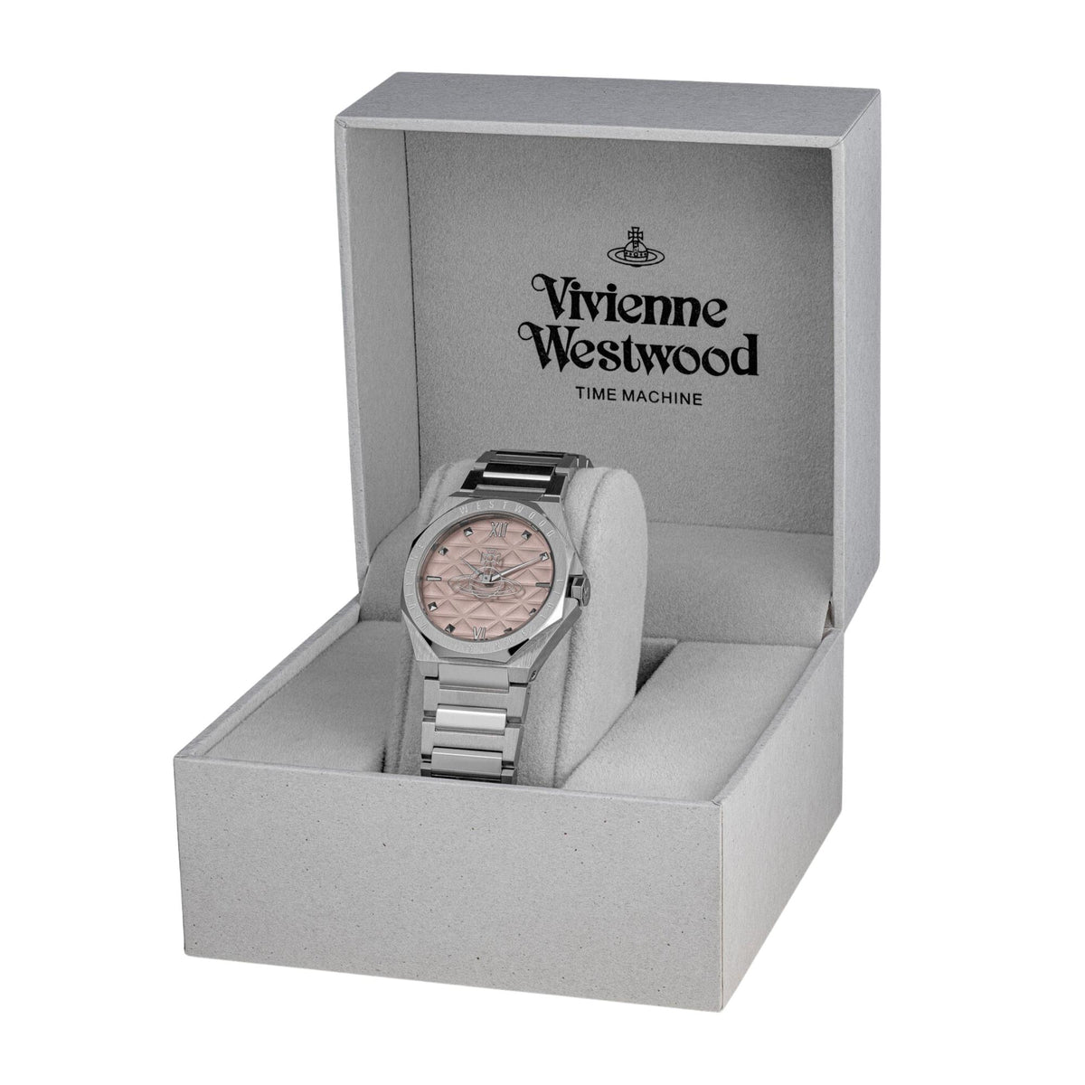 Vivienne Westwood Aldgate VV344PPKSL womens pink dial watch presented inside a signature grey branded box