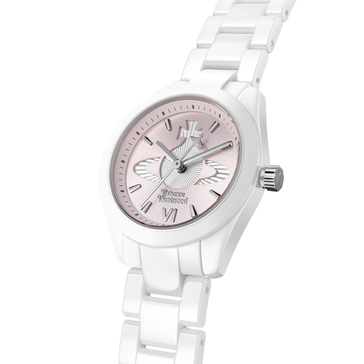 White ceramic ladies quartz watch with pink dial and Roman numeral markers.