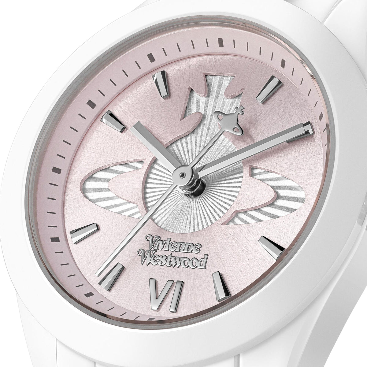 Close-up of pink dial ceramic watch with Roman numerals and butterfly logo.